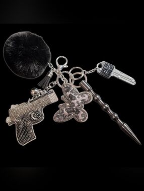Rhinestone Bling Self Defense Bag Charm Keychain Set | Black & Leopard